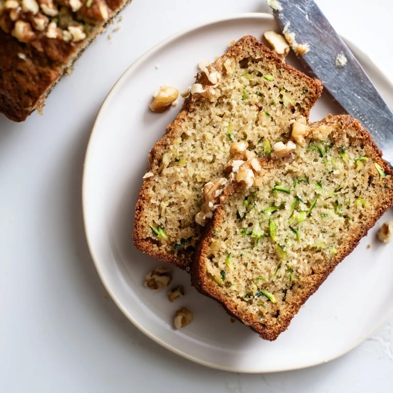 A close-up of Zucchini Bread batter in a loaf pan, revealing shredded zucchini and warm cinnamon spices before baking.
