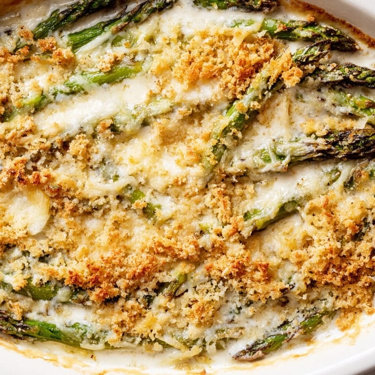 Tender asparagus spears in Asparagus Casserole paired with roasted chicken on a rustic wooden dinner table.