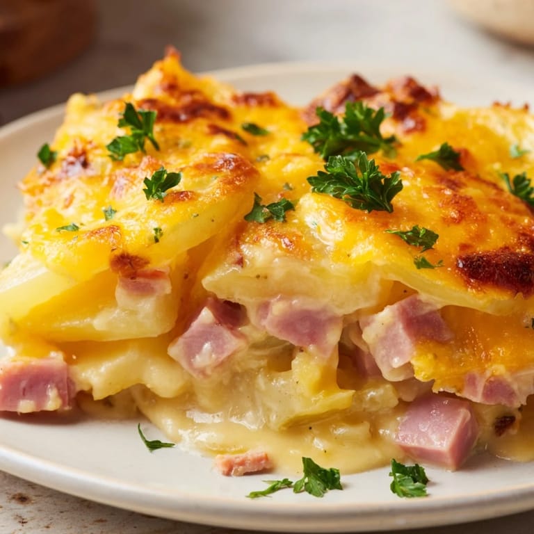 Close-up of Scalloped Potatoes with Ham revealing tender potato slices coated in a rich, cheesy sauce with savory ham.