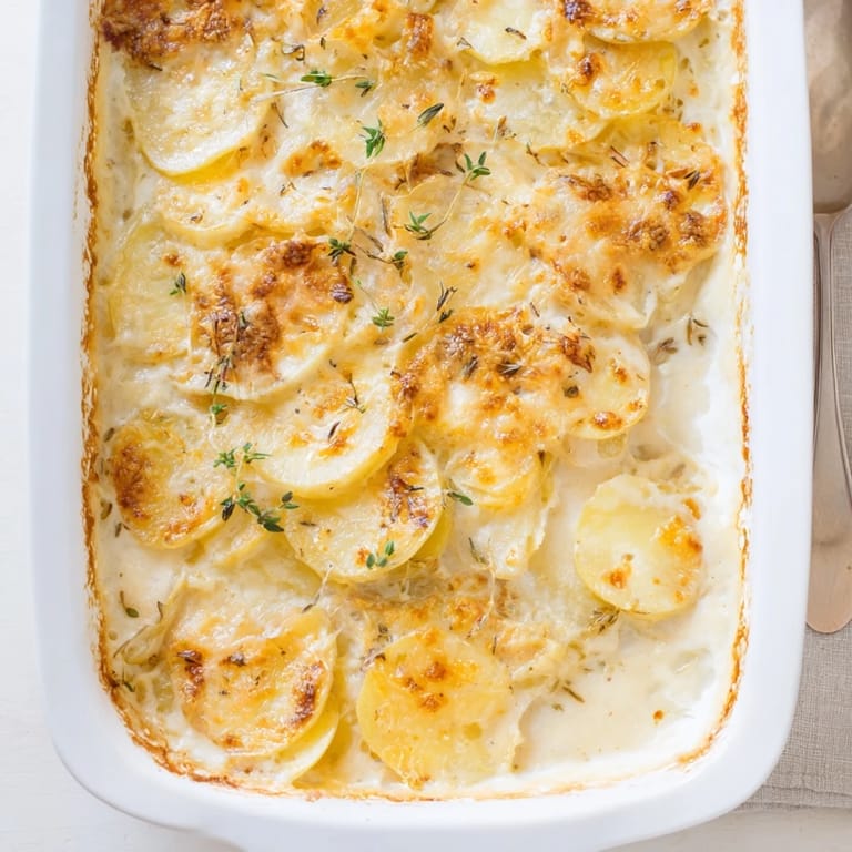 Golden, bubbling Au Gratin Potatoes served as a comforting side dish for a family dinner.