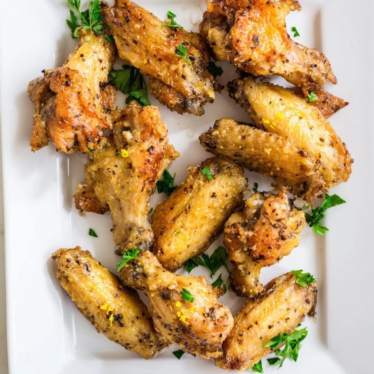 Freshly baked Lemon Pepper Wings sit on a platter garnished with parsley, perfect for a spicy and tangy appetizer.