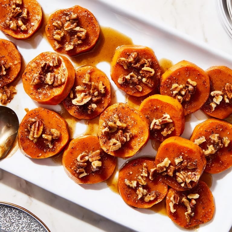 Golden baked Candied Yams bubbling with warm cinnamon and nutmeg syrup, ready to serve alongside roast turkey at a holiday table.