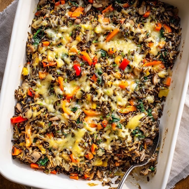 Fresh from the oven, this vegetarian Wild Rice Casserole is served as a side dish with herbs and cheese.