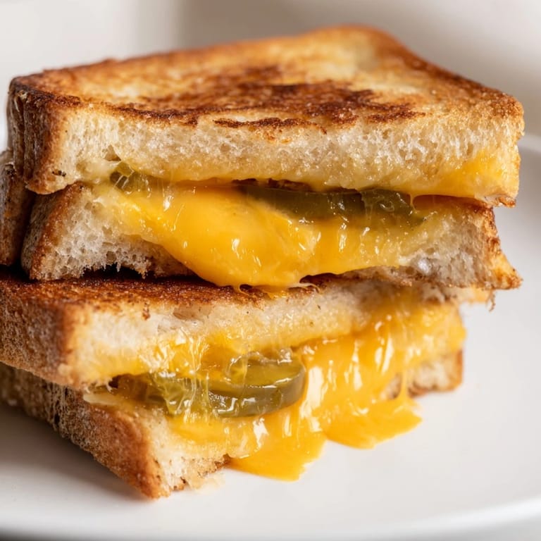A rustic plate holds a Cheddar Jalapeño Grilled Cheese with a side of tomato soup, highlighting the spicy, tangy filling and melty cheddar.