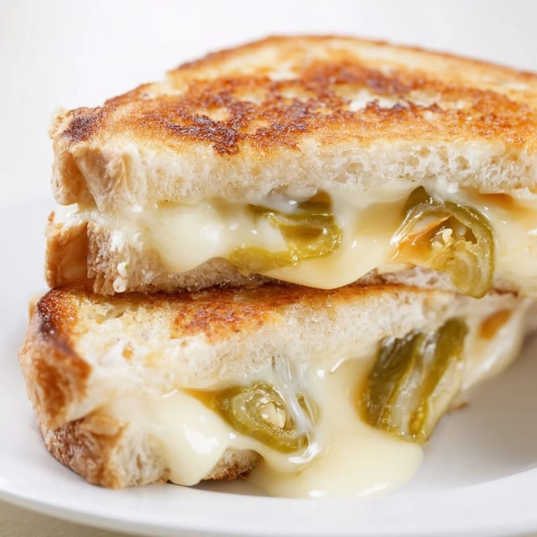 Two servings of homemade Cheddar Jalapeño Grilled Cheese rest on a wooden board, with steam rising from the crispy, buttery sourdough crust.