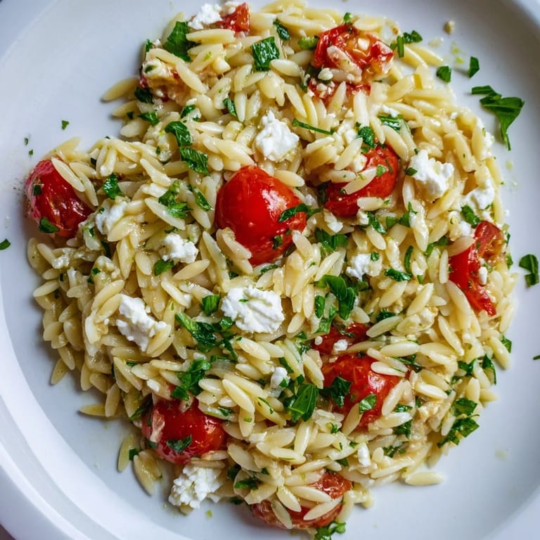 This refreshing Greek Orzo Salad is plated with diced vegetables, Kalamata olives, and fresh herbs, perfect for a summer potluck.  