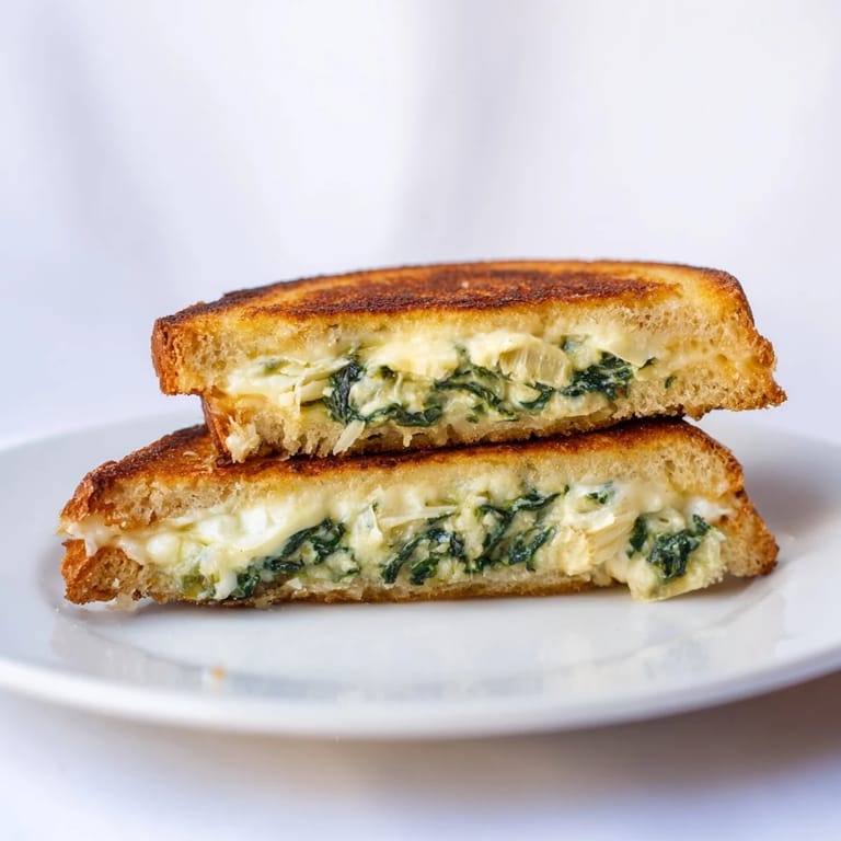 A close-up of Spinach Artichoke Grilled Cheese with melted cheese dripping, spinach and artichoke bits visible between golden, buttery slices.