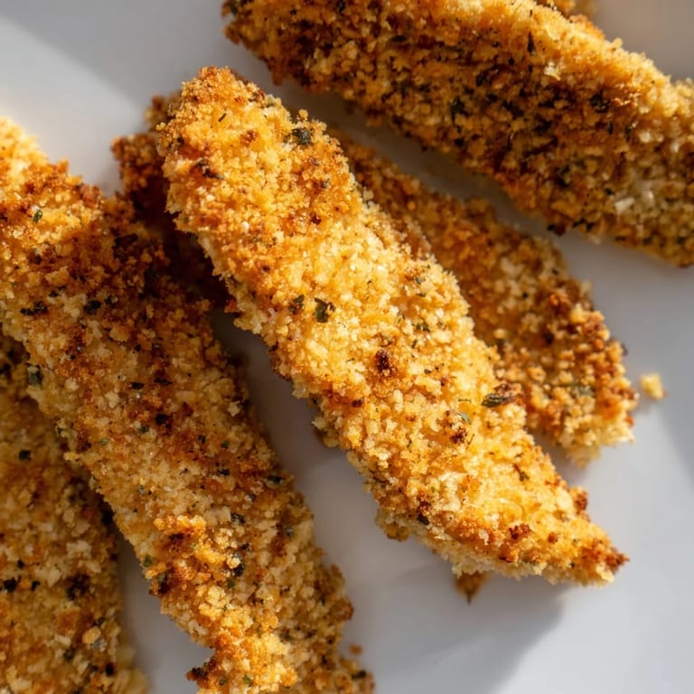 Homemade Crispy Panko Chicken Strips resting on a wire rack, garnished with fresh parsley and a squeeze of lemon.
