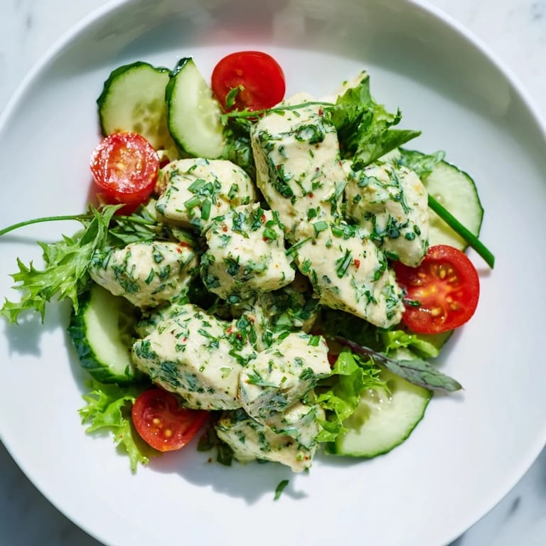 Sliced cucumbers and cherry tomatoes accompany juicy Green Goddess Chicken Salad nestled on crisp mixed greens.
