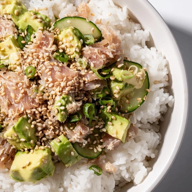 This fresh Tuna Avocado Rice Bowl features tender tuna, diced avocado, crisp cucumber, and sesame seeds on fragrant jasmine rice.