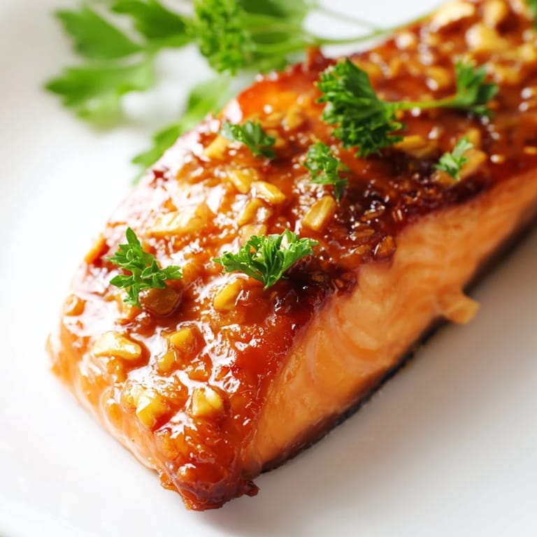 A close-up of Honey Garlic Glazed Salmon reveals specks of minced garlic and fresh parsley, with lemon wedges brightening the savory, caramelized surface.
