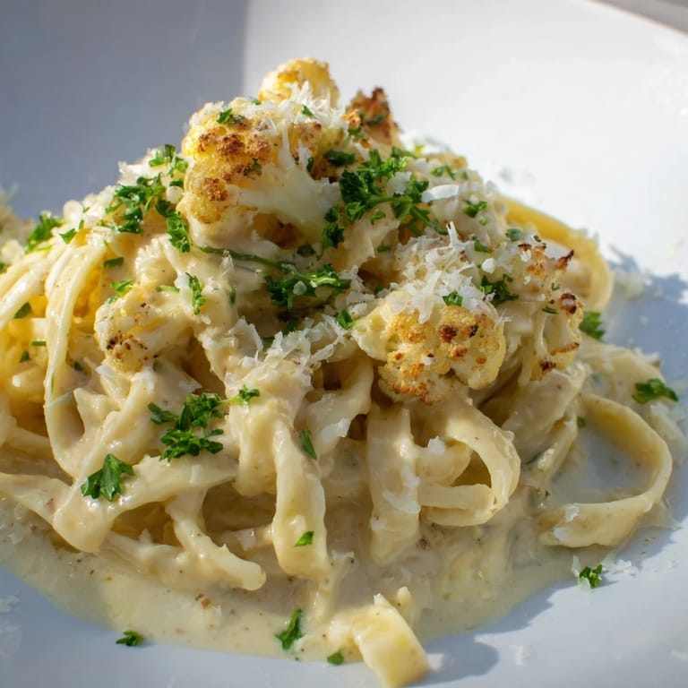 A finished plate of Roasted Cauliflower Alfredo pasta garnished with parsley and extra Parmesan cheese.