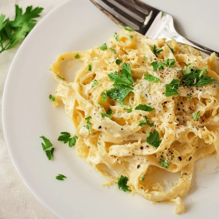 Sizzling skillet of Sriracha Honey Pasta, thick noodles coated in a glossy orange sauce with red pepper flakes.