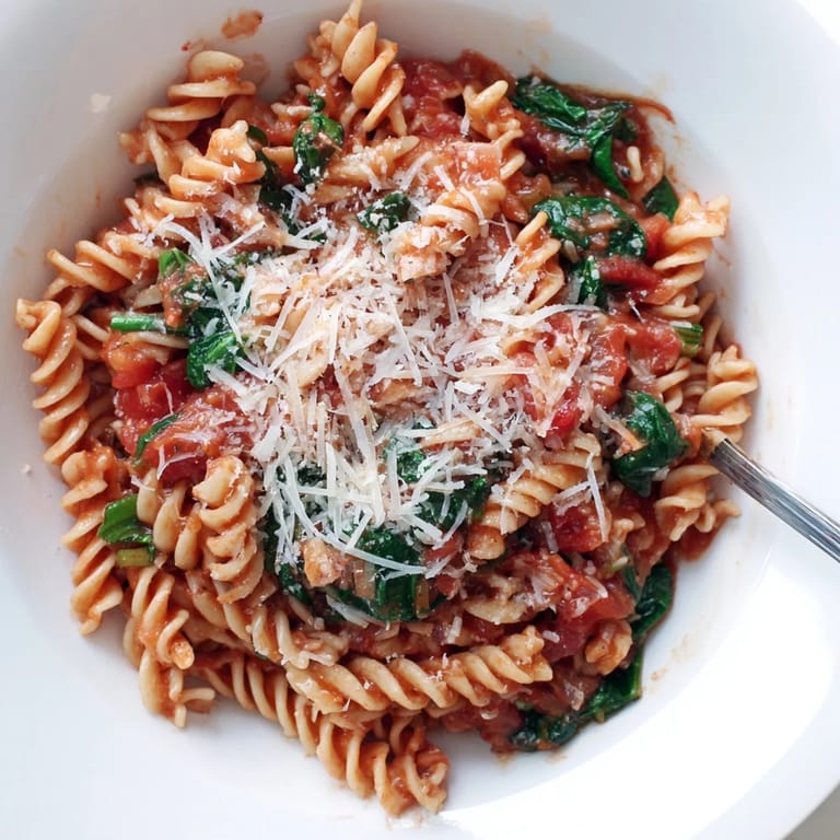 A steaming pot of Tomato Spinach One-Pot Rotini next to a glass of white wine and crusty bread on a rustic table.