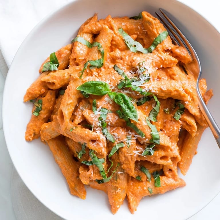 A skillet of Creamy Roasted Red Pepper Pasta topped with fresh parsley and extra Parmesan, ready for a weeknight vegetarian dinner.