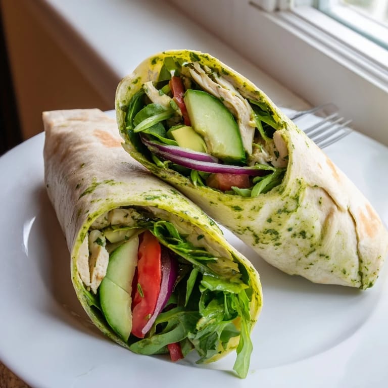 Warm, herb-packed chimichurri chicken wraps, garnished with fresh parsley and ripe avocado slices on a plate.