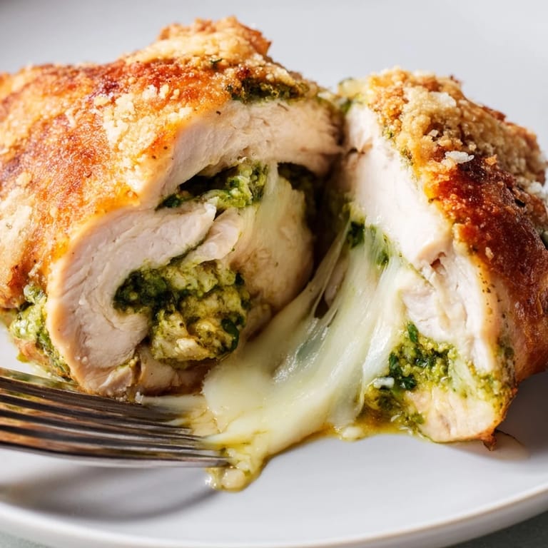 Easy Italian Mozzarella & Pesto Stuffed Chicken for a low-carb dinner, sliced to reveal herb-filled pockets and juicy texture.