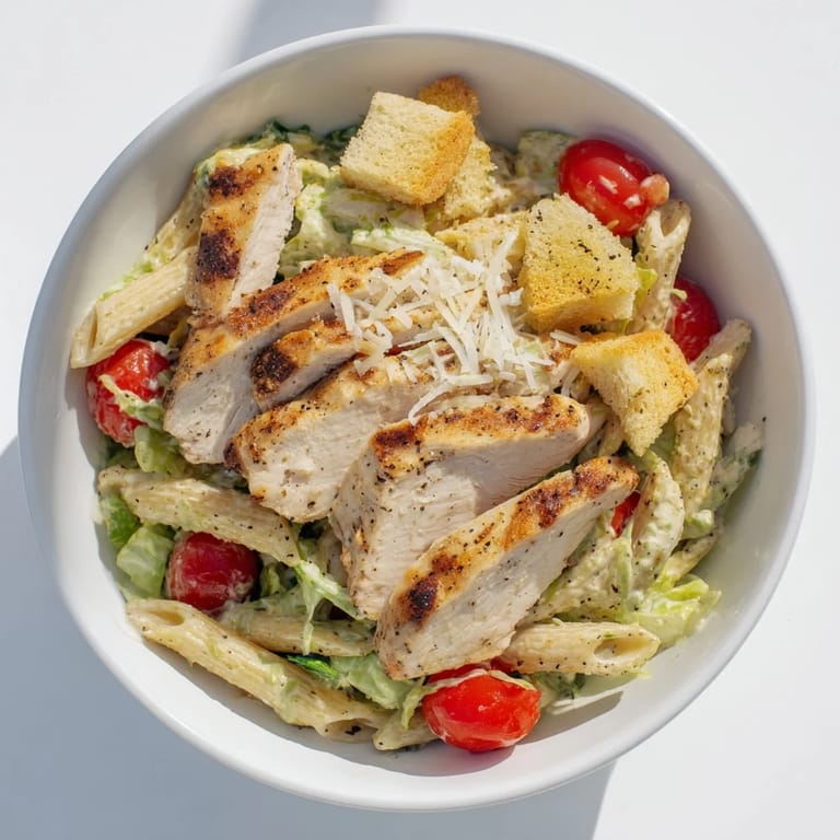 Freshly grated Parmesan and crunchy croutons top the Caesar Pasta Chicken Bowl, served warm for a comforting dinner.