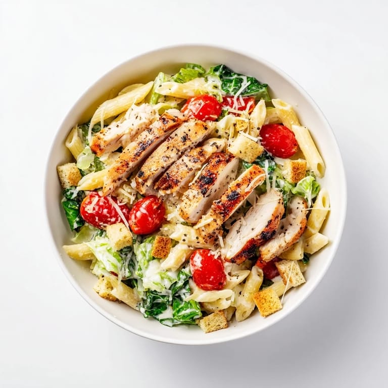 This Caesar Pasta Chicken Bowl includes juicy chicken, rotini pasta, and cherry tomatoes on a bed of crisp romaine.