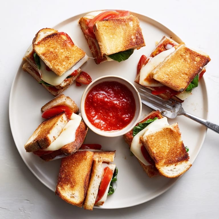 A close-up of Caprese Grilled Cheese Dippers reveals layers of gooey cheese, ripe tomato, and basil between crispy sourdough slices.