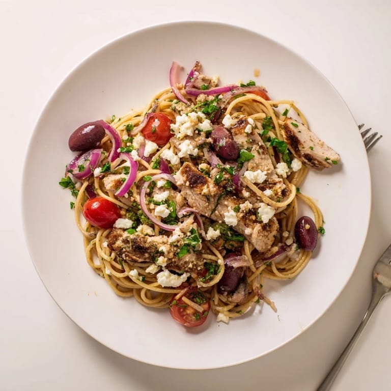 Plated Greek Chicken Spaghetti features juicy chicken, briny olives, and creamy feta over tender spaghetti, garnished with fresh herbs and ripe tomatoes.