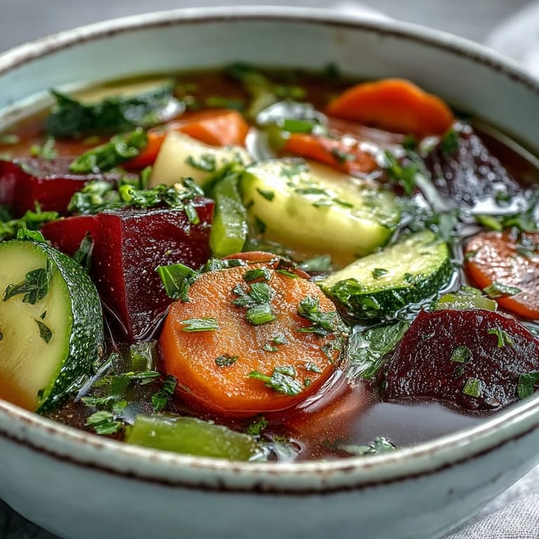 Freshly prepared Rainbow Vegetable Detox Soup, a healthy, hearty bowl served hot.