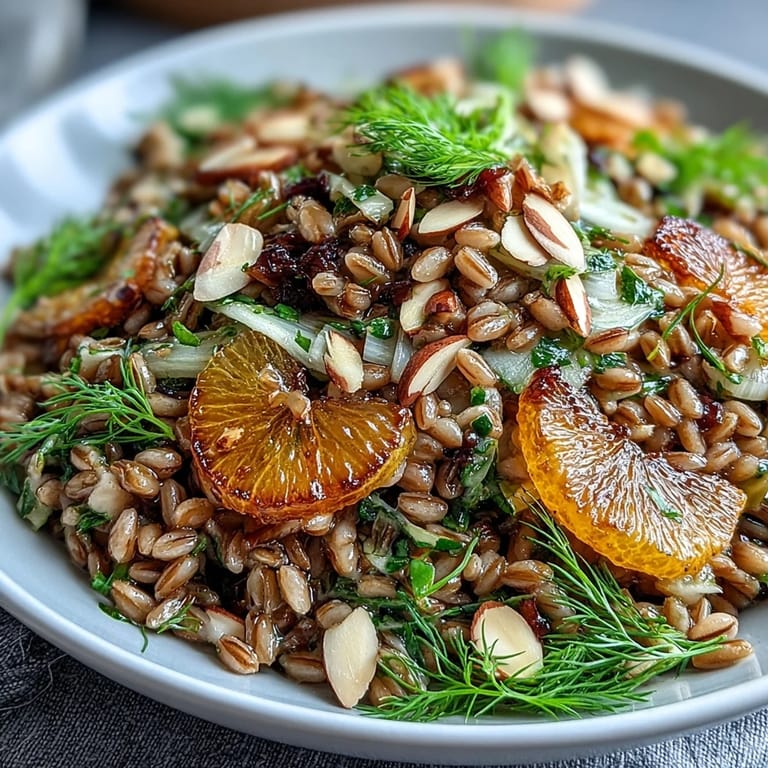 Refreshing Mediterranean farro salad with fennel, juicy oranges, and crunchy almonds.