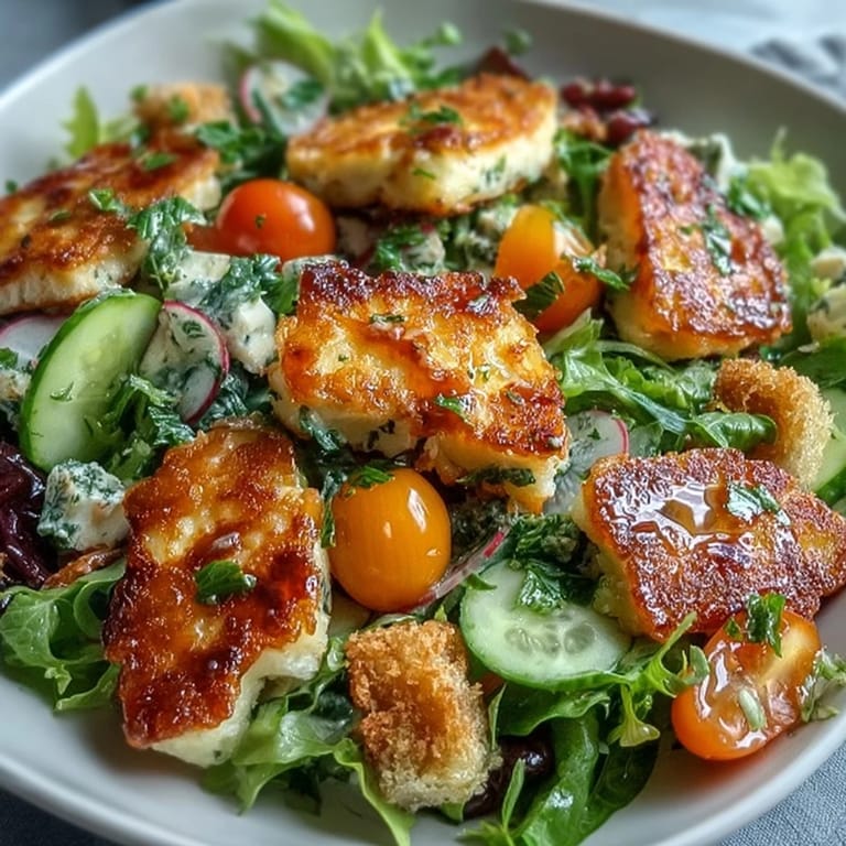 Halloumi Blood Orange Fattoush: crisp croutons, fresh greens, and zesty sumac dressing ready to serve.
