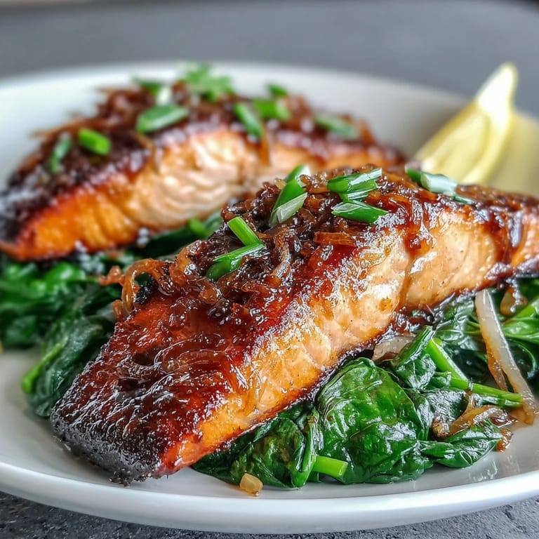 Plated miso salmon, perfectly cooked, nestled on a bed of spinach.