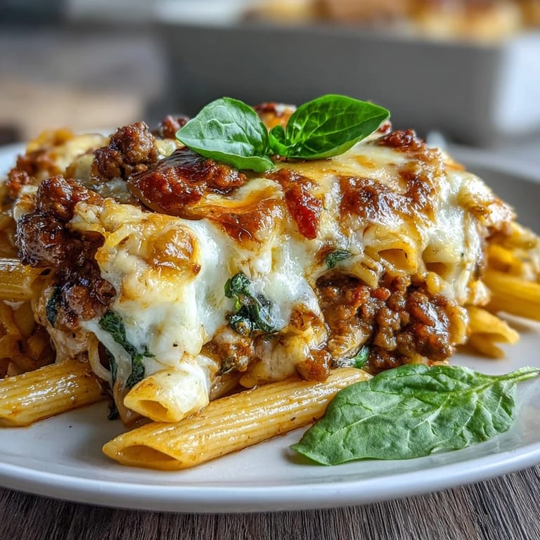 Savory high protein Italian beef pasta bake with vibrant vegetables and cheesy topping.