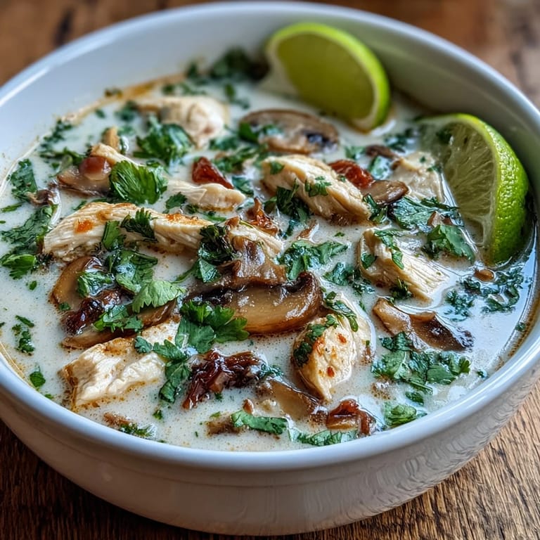 Steaming bowl of Tom Kha Soup garnished with fresh cilantro and a bright lime wedge.