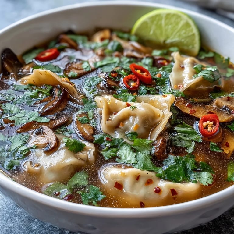 Bright red chilies and kaffir lime leaves perfume this spicy, tangy Thai-Chinese soup, with tender wontons and sliced shiitake mushrooms.