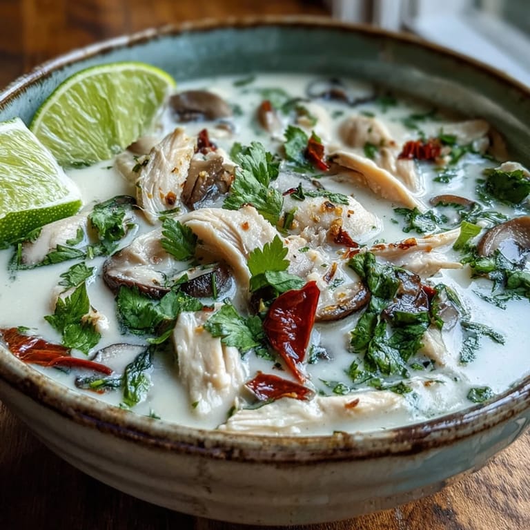Steaming bowl of Authentic Tom Kha Gai featuring sliced chicken thighs, straw mushrooms, and fresh cilantro garnish.