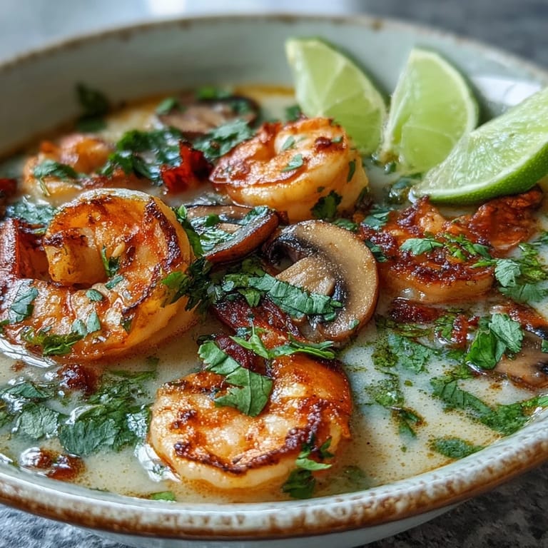 A vibrant serving of Thai Coconut Shrimp Soup, highlighted by red chili slices and lime wedges, ready to be enjoyed with jasmine rice.