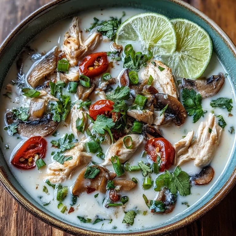 A close-up of Best Ever Tom Kha Gai Soup featuring tender chicken, mushrooms, and red chilies swimming in aromatic coconut broth.