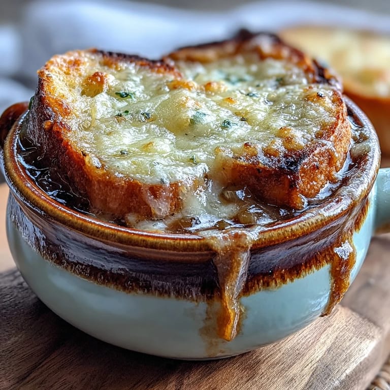 Golden, bubbling Gruyère cheese stretches over the French Onion Soup in an oven-safe crock.