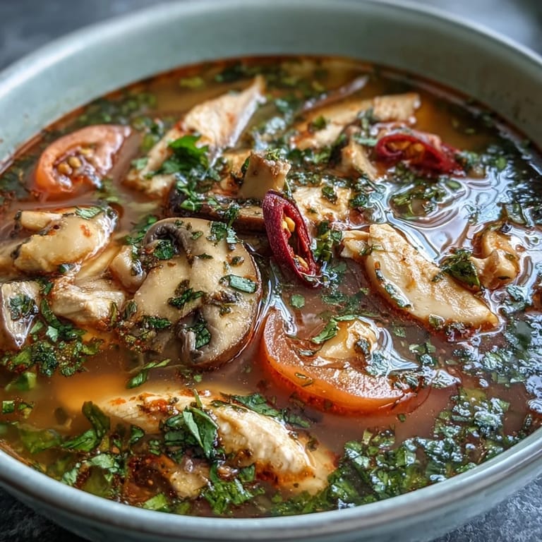 Fresh Tom Yum Gai soup garnished with cilantro and lime wedges on a dark table.