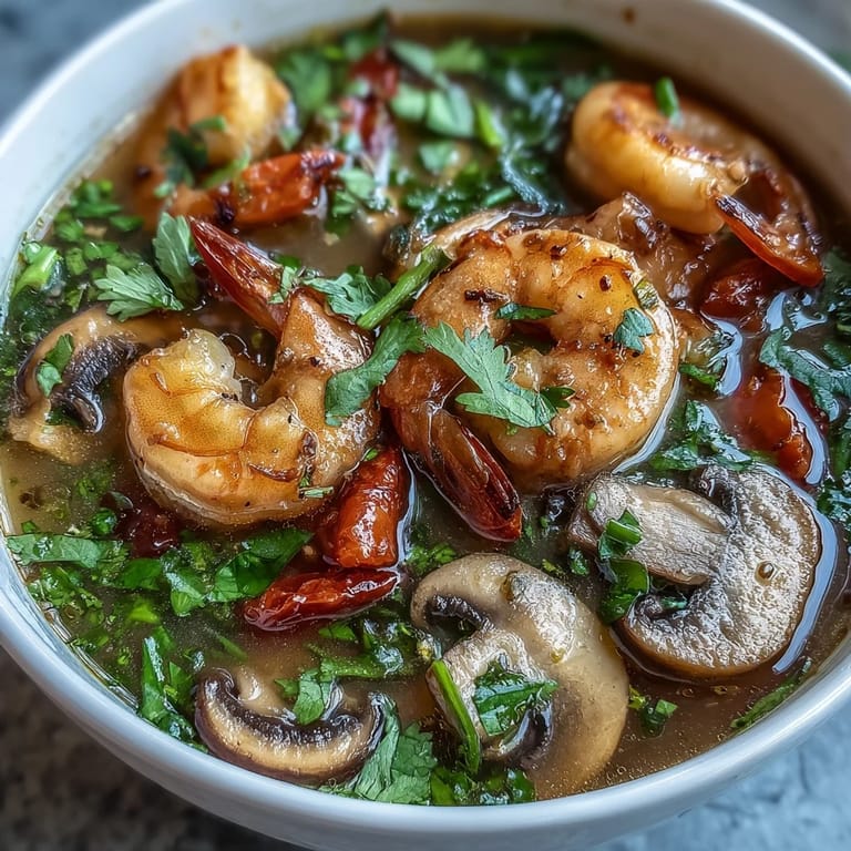 Spicy Tom Yum Soup simmering with lemongrass, chiles, and tender shrimp, served steaming hot with lime.