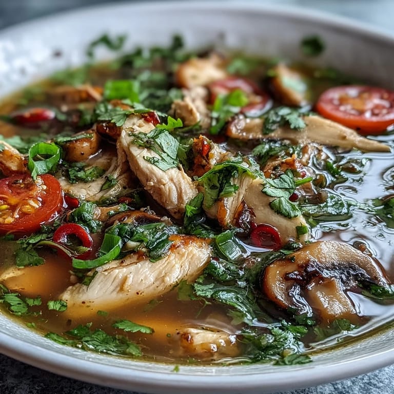 Close-up view of a rich, steaming pot of Tom Yum Chicken, highlighting the texture of the savory broth with floating chilies and fresh herbs ready to be served.