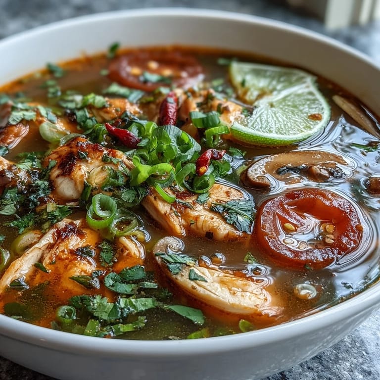 Serving of spicy Tom Yum Chicken with vibrant garnishes of cilantro and sliced spring onions, accompanied by a lime wedge on the side for an extra citrusy kick.