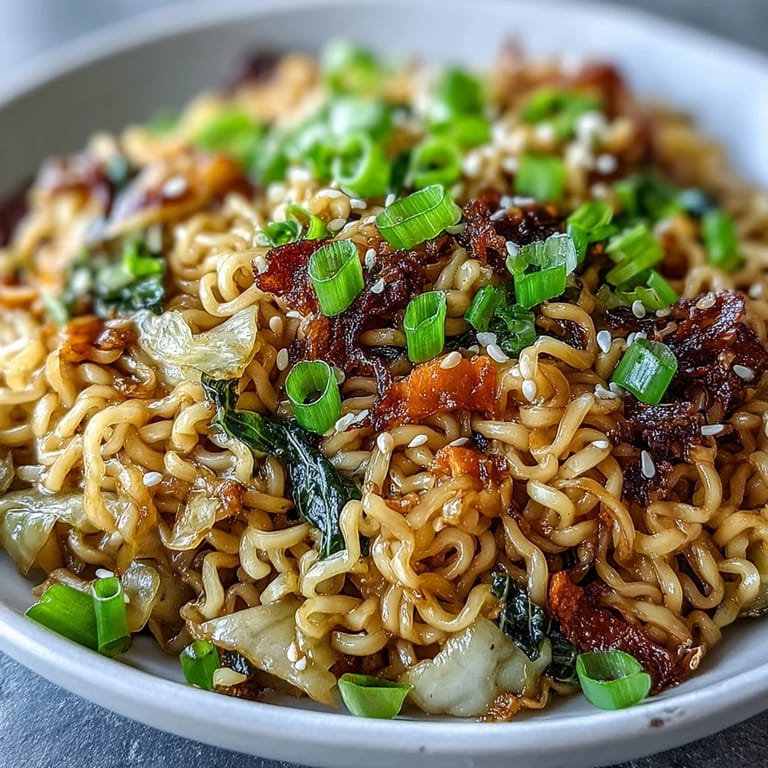 Overhead shot of homemade Fried Cabbage Ramen, highlighting julienned carrots and crunchy vegetables tossed in a glossy, umami-rich sauce.
