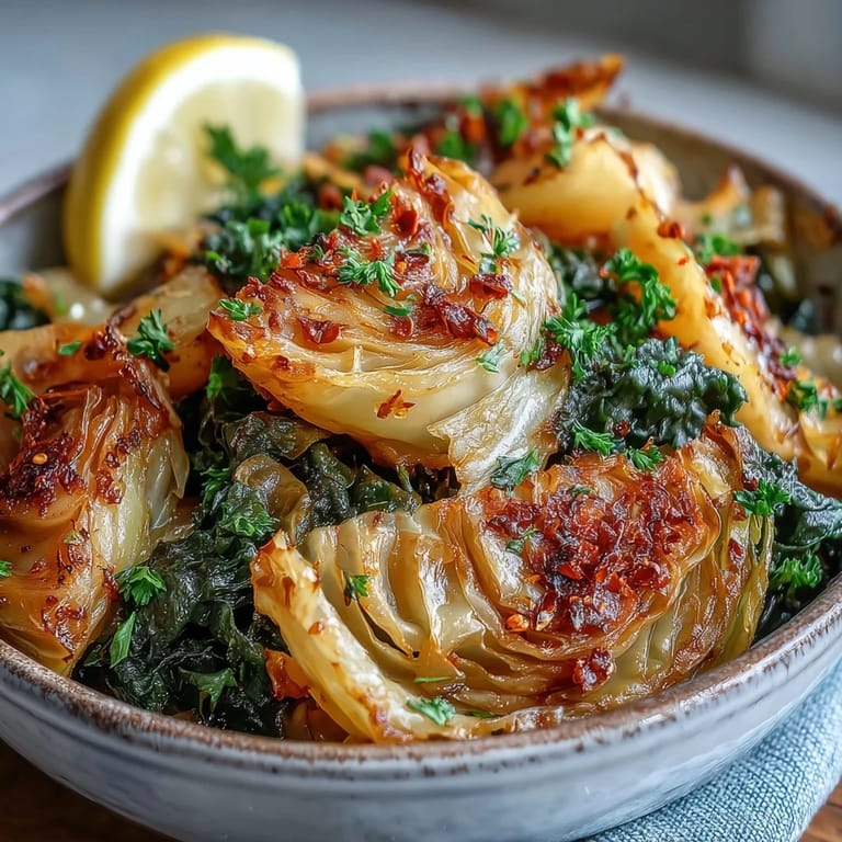 Freshly chopped parsley and lemon wedges garnish the savory Braised Cabbage With Potatoes and Chili.