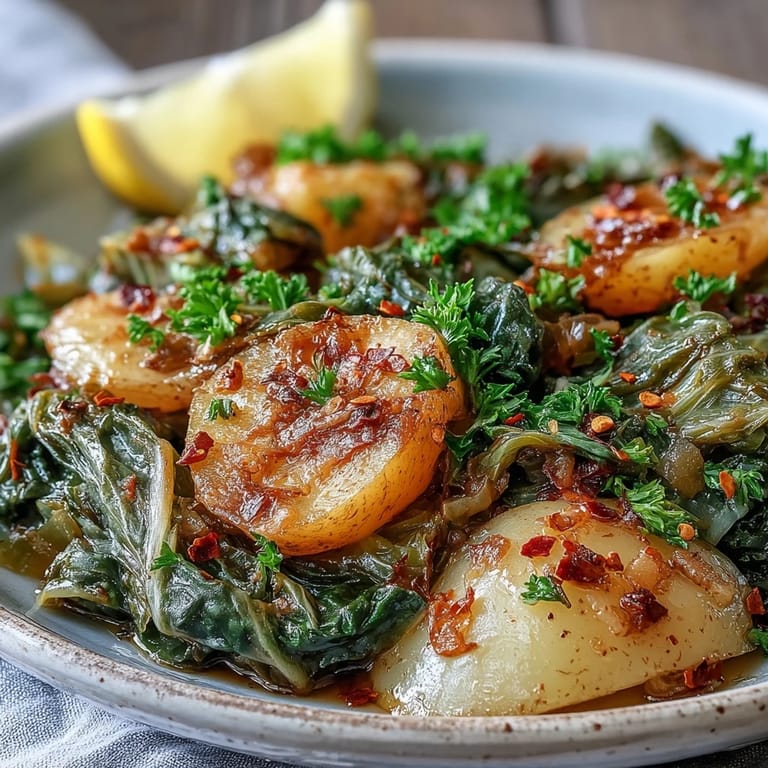Comforting Braised Cabbage With Potatoes and Chili served in a white bowl, showing soft textures and a spoon.