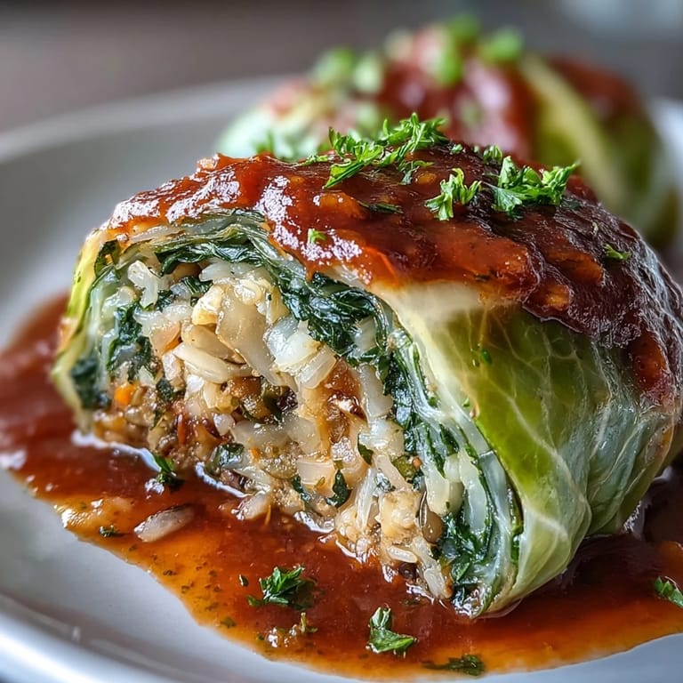 Golden Baked Vegan Cabbage Rolls fresh from the oven, bubbling with aromatic herbs and tomato sauce, ready to serve.