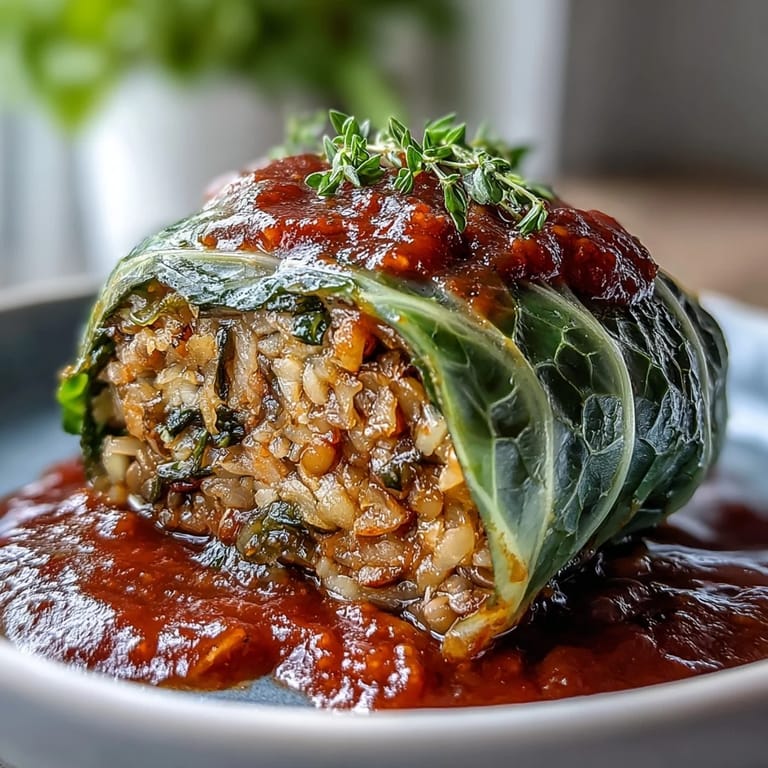 A close-up of Baked Vegan Cabbage Rolls, showcasing the hearty lentil and rice filling inside bright green cabbage leaves.