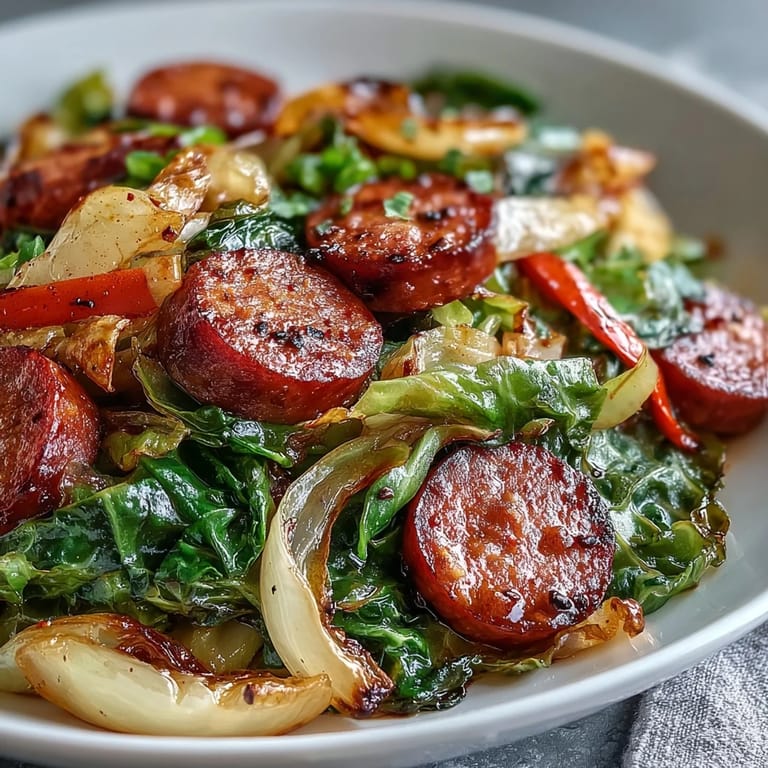 Tender green cabbage and smoky sausage pieces steaming in a deep cast-iron skillet, garnished with fresh thyme for a rustic Southern dinner.