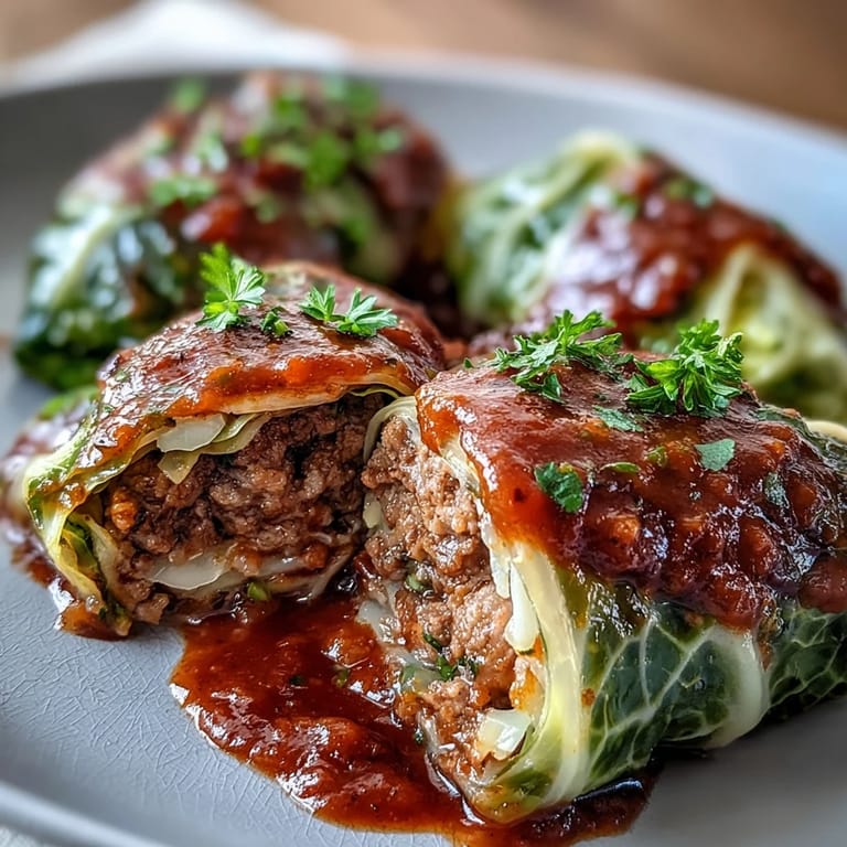 Golden Cabbage Rolls arranged in a baking dish with bubbling tomato sauce and a side of sour cream.