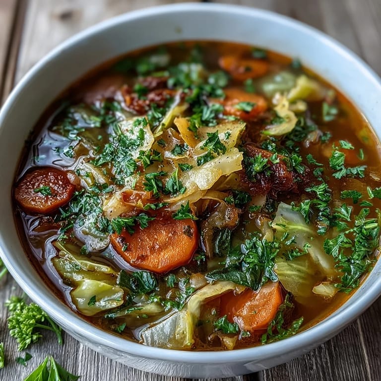 A rustic pot of Classic Cabbage Soup ladle-ready, garnished with fresh parsley and served alongside warm crusty bread.
