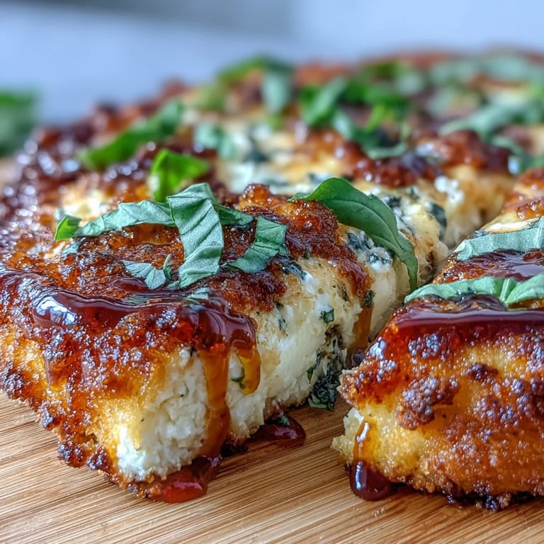 Cheesy Hot Honey Ricotta Pizza served on a wooden board with a side salad.