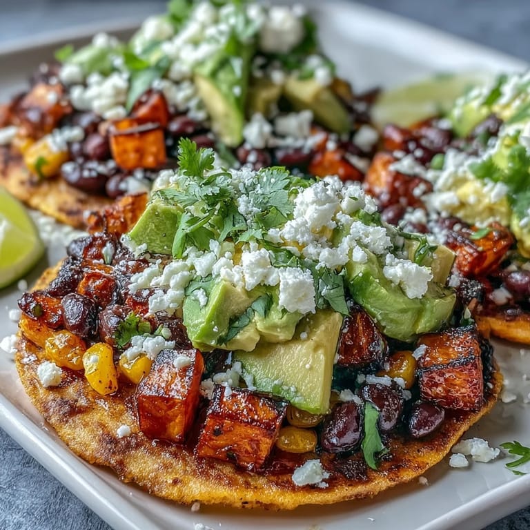 Black Bean and Sweet Potato Tostadas garnished with fresh cilantro and served with lime wedges.